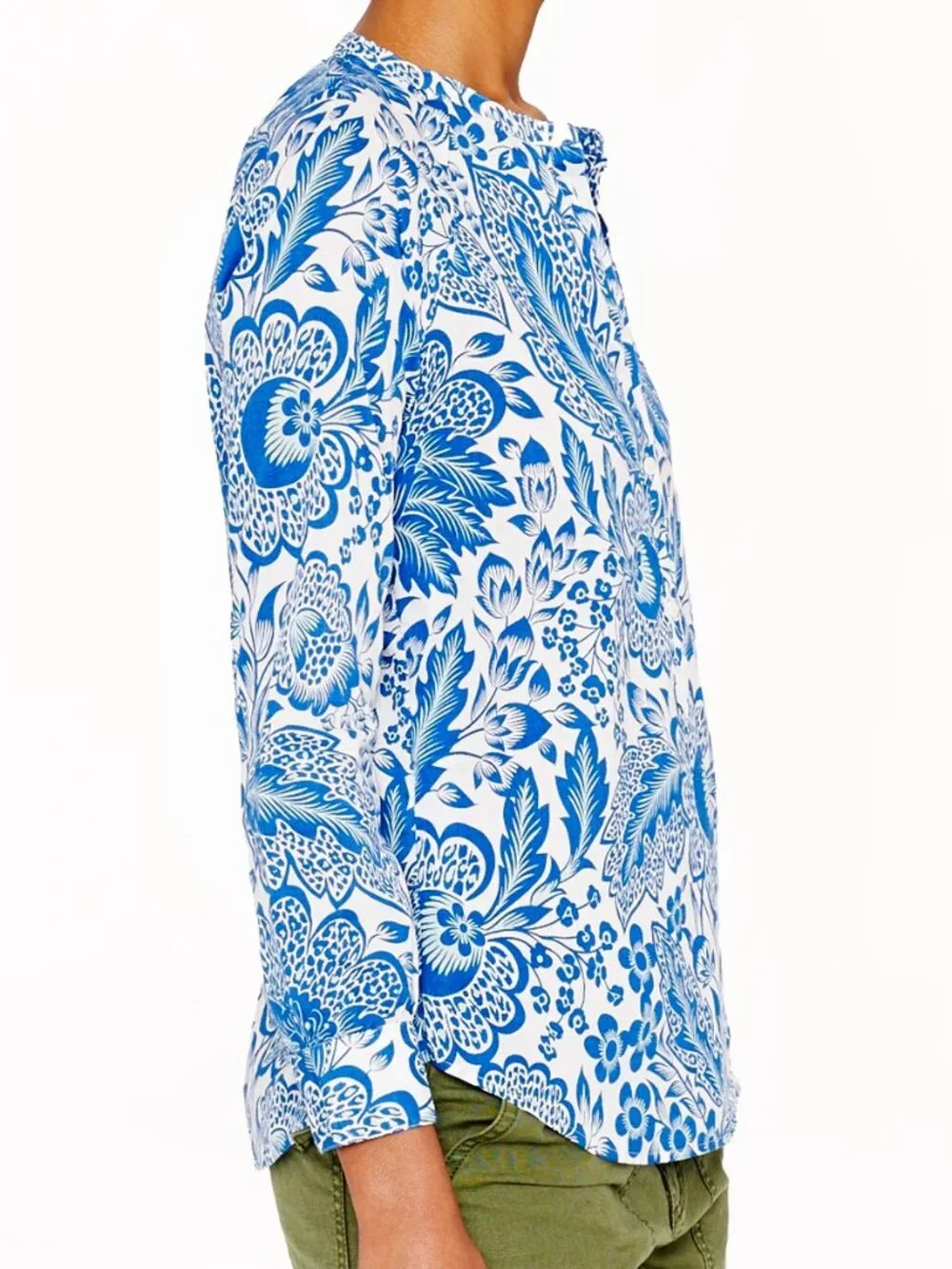 J. Crew Raglan Popover Shirt in blue & white floral paisley print cotton